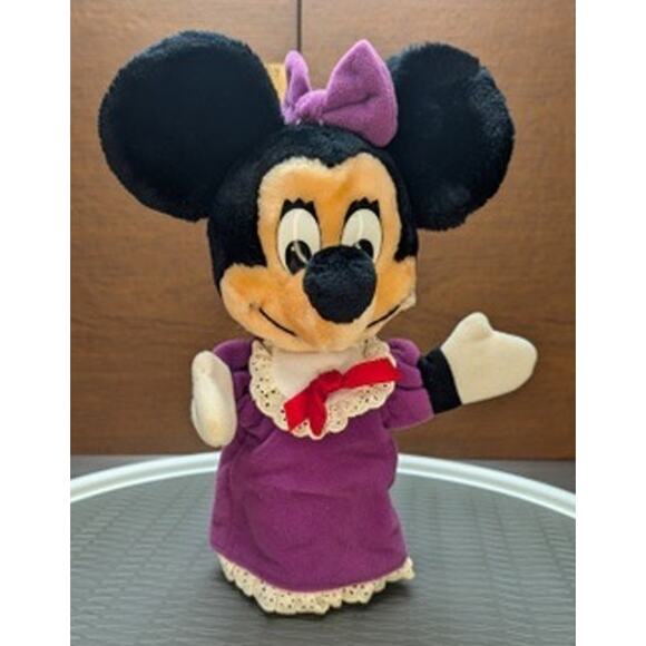 Vintage Minnie Mouse Hand Puppet Walt Disney Productions Purple Bow Dress Lace - Picture 1 of 13